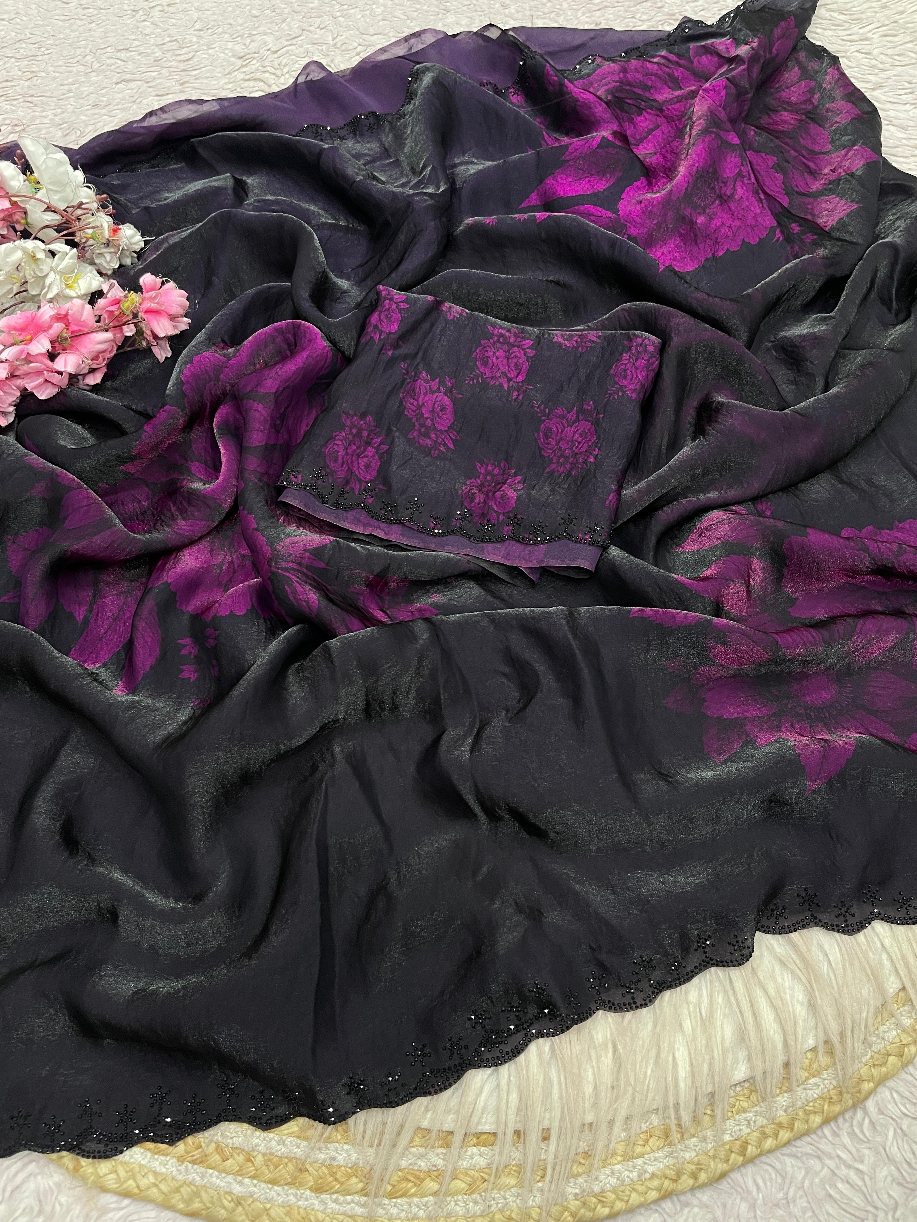 Midnight Bloom Space Silk Digital Floral Jarkan Work Saree